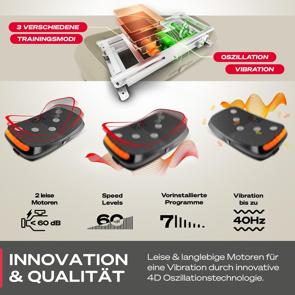 Sportstech VP400: 4D Vibrationsplatte mit Smart‑LED und Trainingsbändern