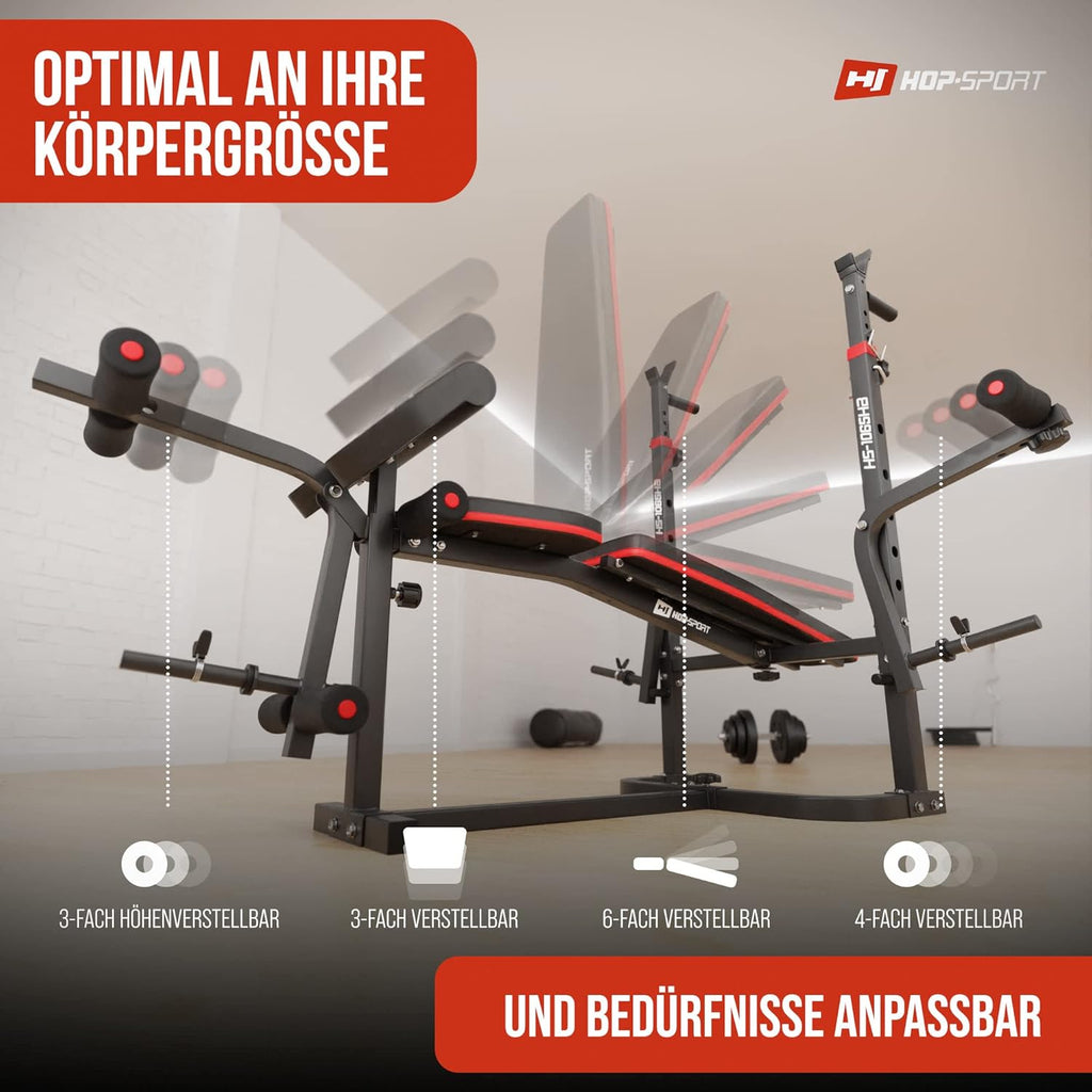 Hop-Sport Hantelbank: Multifunktional mit Latzug, verstellbarer Schrägbank & Hantelset