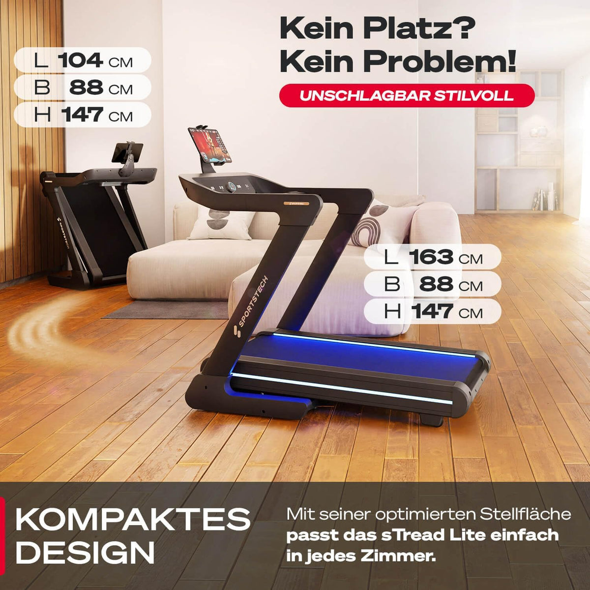 Sportstech sTread Pro/Lite: Klappbares Laufband mit 20 km/h, 17 % Steigung und 7 PS Motor
