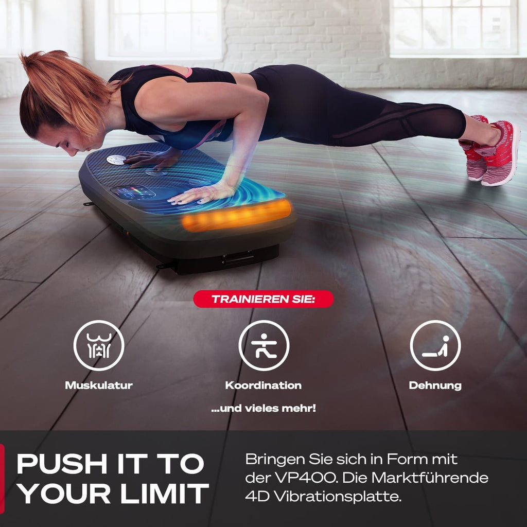 Sportstech VP400: 4D Vibrationsplatte mit Smart‑LED und Trainingsbändern